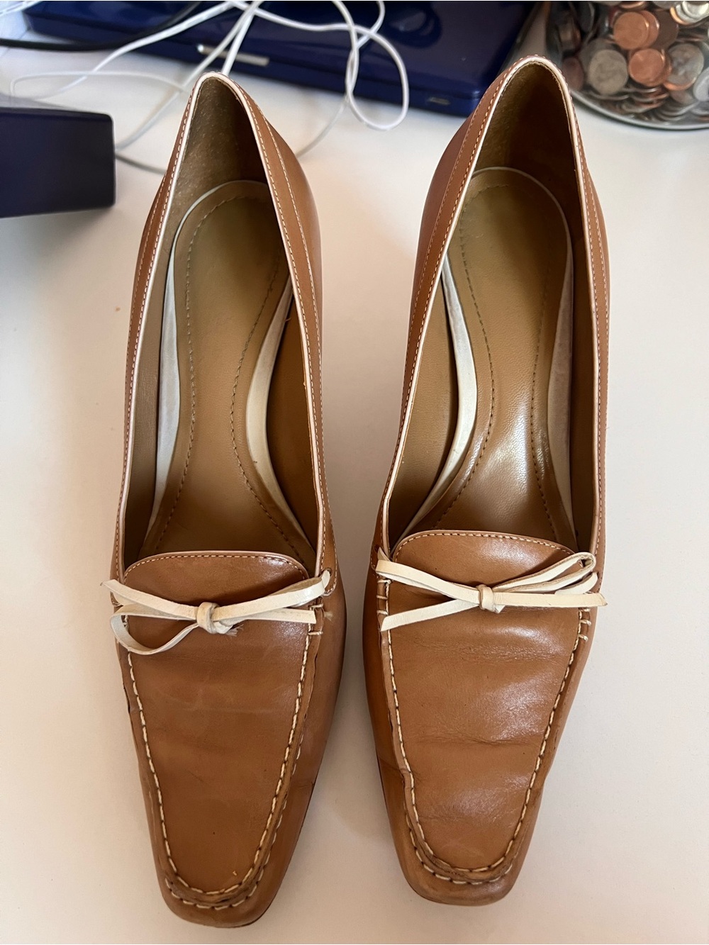 Ann Taylor Tan Leather Loafers with Ivory Bow Accent
